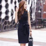 2016韩版包臀连衣裙收腰系带V领无袖一步裙OL气质修身显瘦职业裙