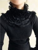 包邮秋冬装韩版女装蕾丝打底衫中长款黑色高领长袖紧身加厚针织衫