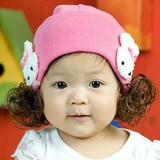 韩版新款 女宝宝假发帽子 婴儿童小兔子蝴蝶结套头帽子 公主帽子