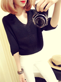 2016初秋新款韩版女装V领套头蝙蝠袖针织衫女宽松短款半袖上衣潮