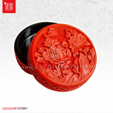 清仓折扣-雕漆盒 红色圆形小饰品盒/耳环盒/印泥盒(牡丹)3寸