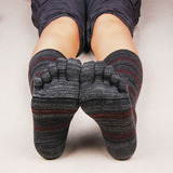 冬季五指袜男士纯棉脚趾袜子中统袜条纹抗菌除臭5分趾袜子6件包邮