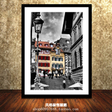 欧洲小镇 酒吧装饰画有框画客厅背景墙挂画黑白摄影[DP2496-3]