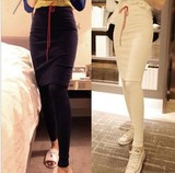 2016春季新款韩版女大码假两件系带连裤包身半长裙修身弹力打底裤