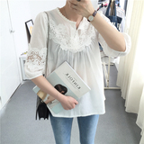 韩国风 气质甜美 镂空蕾丝拼接 V型圆领套头纯棉7分袖衬衫上衣女