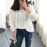 韩国甜美仙 宽松灯笼长袖 圆领套头白色镂空刺绣花朵娃娃蕾丝衬衫