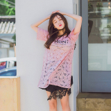 2016东大门代购字母印花蕾丝T恤打底裙韩版甜美气质粉色镂空上衣