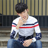 秋季新款韩版修身纯棉衬衣拼接条纹印花英伦时尚潮流行长袖男衬衫