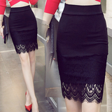 夏季韩版蕾丝拼接包臀裙黑色显瘦一步短裙弹力半身裙优雅OL职业裙