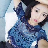 2016夏季新款韩版短袖蕾丝衫蓝色性感上衣显瘦短款镂空打底衫女潮