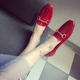 女式鞋2016新款韩版女鞋子性感漆皮金属扣方头平底鞋单鞋黑色红色