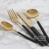 欧式高档西餐餐具不锈钢刀叉勺小黑柄金色三件套主餐刀叉儿童饭勺