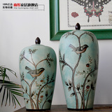 现货典雅中式陶瓷工艺品摆件/美式乡村混搭/手绘花鸟储物罐尖尖盖