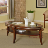 美式乡村实木茶几小户型钢化玻璃咖啡桌椭圆双层休闲桌特价