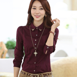新款韩版宫廷钉珠修身长袖女衬衣 纯色大码衬衫OL雪纺女衫衣潮