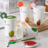 佰润可爱水果创意水杯马克杯带盖吸管陶瓷杯子个性咖啡杯办公室杯