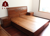 森业家具 现代中式箱式全实木双人床 仿古老榆木雕花储物六尺大床