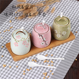 手绘 日式陶瓷调味罐三件套 调味瓶组合套装 带盖 厨房用品