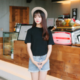 韩版纯色半高领宽松短袖T恤女韩国简约气质立领打底衫磨毛上衣潮