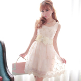 夏装新款修身韩版甜美粉色蕾丝镂空绣花公主蓬蓬连衣裙女正品