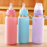 玻璃奶瓶儿童宝宝300ML果冻色硅胶套玻璃杯创意奶瓶水杯学生儿童