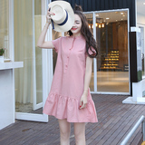 2016夏装新款韩版时尚修身纯色百搭立领短袖棉麻连衣裙中长款显瘦