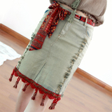 原创设计印第安复古民族风磨破做旧流苏半身裙牛仔裙 中长包臀裙