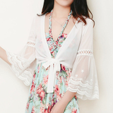 新款女装2016夏装韩版修身短款罩衫喇叭袖上衣蕾丝衫短袖雪纺衫
