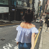 韩版宽松一字领露肩荷叶短袖短款蓝白竖条纹娃娃衬衫短款女装夏季