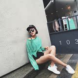 韩版宽松细横条纹薄款针织防晒衣服蝙蝠长袖空调衫女装韩国夏绿色