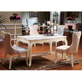 欧式餐桌椅 象牙白大理石面 实木雕花 长方形韩式餐桌椅组合CM918