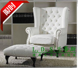 特价欧式单人沙发脚凳组合高背椅老虎椅古典皮艺沙发客厅白色家具