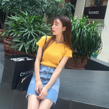 韩国黄色短款弹力针织短袖紧身t恤短装修身收腰显瘦上衣女夏高腰