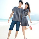 2016夏装新款韩版情侣装蜜月旅行条纹短袖T恤衫 海边度假沙滩女裙