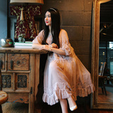 1890s高端定制 藕粉色甜美公主荷叶摆 蕾丝拼接真丝娃娃裙连衣裙
