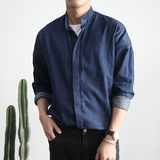 FREEDOM 春款 韩国时尚 男士简约 暗扣设计 立领落肩修身牛仔衬衫