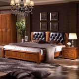 虎斑木实木床牛皮软靠床新中式胡桃木色双人床1.8米气压储物高箱