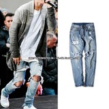 欧美高街超大破洞水洗破坏乞丐牛仔裤修身小脚裤男Justin Bieber