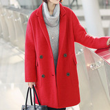 2015春季新款女装韩版红色中长款羊毛呢子大衣外套直筒妈妈装