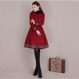 烟花烫女式冬装中长款民族风外套冬新款韩版修身长袖红色毛呢大衣