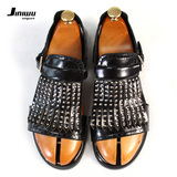JINIWU2014强悍打造雕花镂空流苏铆钉欧美风油黑罗马男士牛皮凉鞋