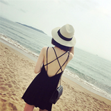 UZU 韩国性感露背交叉绑带的炒鸡舒适黑色短款连衣裙沙滩裙