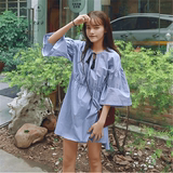 韩版夏季女装宽松显瘦格子流苏圆领收腰复古学院中长短袖连衣裙潮