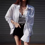 2016韩国代购X2夏季女装简约薄款两侧开叉休闲宽松长袖条纹衬衫女