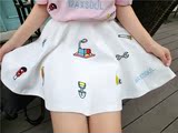 2016夏季韩版高腰显瘦半身裙女甜美小清新荷叶边卡通刺绣印花短裙
