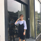 夏装韩版新款学院风百搭学生女装吊带套头背带裙条纹衬衫两件套潮