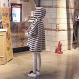 2016初春新款韩版女可爱袋鼠兜条纹宽松中长款纯棉连帽卫衣外套