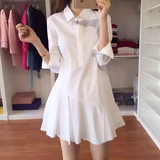韩国代购2016春秋新款女装修身长袖翻领衬衣连衣裙中长款衬衫裙
