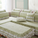 田园绿色沙发垫子布艺棉纯色夏四季通用韩式蕾丝欧式真皮防滑坐垫