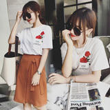 玫瑰花刺绣短袖T恤女夏季2016新款韩版宽松字母单口袋休闲白色棉t